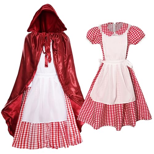 Rotkäppchen-Kostüm für Damen, Größe S, rotes und weißes Gingham-Kleid mit angenähter weißer Schürze, langer roter Umhang mit Kapuze, Märchen-Kostüm, Weltbuchtag Rotkäppchen-Kostüm für Damen, Größe S, rotes und weißes Gingham-Kleid mit angenähter weißer Schürze, langer roter Umhang mit Kapuze, Märchen-Kostüm, Weltbuchtag von I LOVE FANCY DRESS