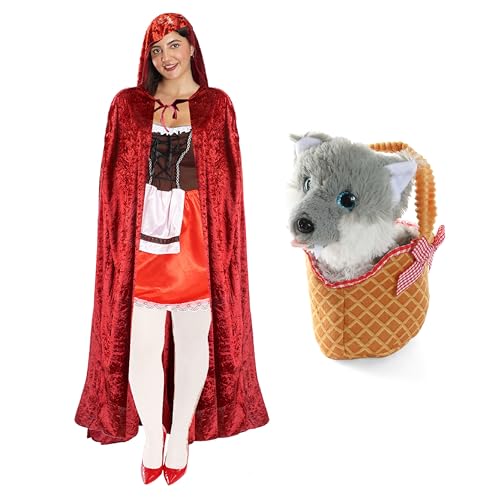Rotkäppchen-Kostüm für Damen, Größe XL, rotes Kleid, grauer Wolf-Plüsch und weicher roter Gingham-Korb, weiße Strumpfhose und langer roter Velours-Umhang – perfekt für das Weltbuch Rotkäppchen-Kostüm für Damen, Größe XL, rotes Kleid, grauer Wolf-Plüsch und weicher roter Gingham-Korb, weiße Strumpfhose und langer roter Velours-Umhang – perfekt für das Weltbuch von I LOVE FANCY DRESS