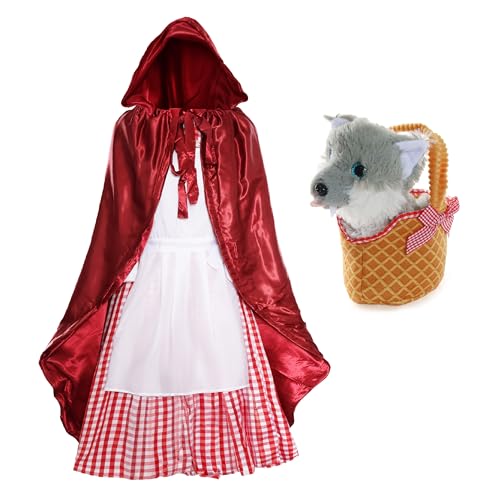 Rotkäppchen-Kostüm und Korb für Damen, groß, roter Umhang mit Kapuze, rot-weißes Kleid, mit weißer Schürze, weichem Korb und grauem Spielzeugwolf, perfekt für den Weltbuchtag Rotkäppchen-Kostüm und Korb für Damen, groß, roter Umhang mit Kapuze, rot-weißes Kleid, mit weißer Schürze, weichem Korb und grauem Spielzeugwolf, perfekt für den Weltbuchtag von I LOVE FANCY DRESS
