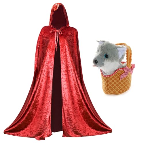 Rotkäppchen-Zubehör-Set für Damen, roter Velours-Umhang, weicher Plüschkorb und Spielzeugwolf, Erwachsenenbuchwoche, Weltbuchtag, Kostümzubehör-Set Rotkäppchen-Zubehör-Set für Damen, roter Velours-Umhang, weicher Plüschkorb und Spielzeugwolf, Erwachsenenbuchwoche, Weltbuchtag, Kostümzubehör-Set von I LOVE FANCY DRESS