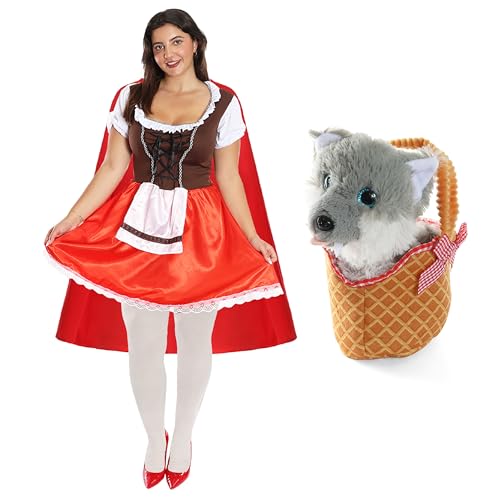 Rotkäppchen für Damen, Größe XL, rotes Kleid, grauer Wolf-Plüsch und weicher roter Gingham-Korb, weiße Strumpfhose und roter Umhang, perfekt für den Welttag des Buches Rotkäppchen für Damen, Größe XL, rotes Kleid, grauer Wolf-Plüsch und weicher roter Gingham-Korb, weiße Strumpfhose und roter Umhang, perfekt für den Welttag des Buches von I LOVE FANCY DRESS