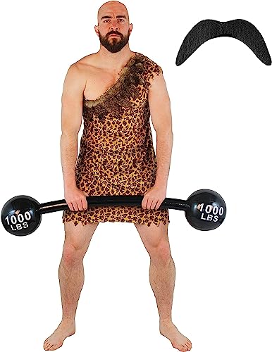 STRONGMAN HERREN KOSTÜM CIRCUS STRONG MAN FASCHINGSKOSTÜM 19. JAHRHUNDERT STRONGMEN WEIGHT LIFTER PLÜSCHTIER LEOPARD PRINT TUNIC, SCHNURRBART HANTEL AUFBLASBAR von I LOVE FANCY DRESS