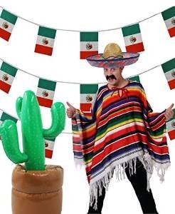 SUPER MEXIKO 5 TEILIGES SET ==BEINHALTET EINEN SOMBRERO IHRER Wahl ERHALTBAR IN 4 VERSCHIEDENEB FARBEN== EINEM MEHRFARBIGEN PONCHO = = EINEN AUFBLASBAREN KAKTUS 96cm GROß DER BODEN KANN MIT SAND ODER WASSER GEFÜLLT WERDEN==EINER 10meter LANGEN MEXIKANISCHEN FLAGGEN GIRLANDE==EINEN AUFKLEBBAREM SCHWARZEN MEXIKANER SCHNURRBART= VON ILOVEFANCYDRESS®==MIT BLAUEN STICKEREIEN von I LOVE FANCY DRESS