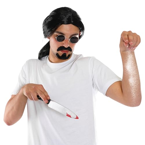 Salt Bae Zubehör-Set – Schwarze Perücke, schwarze Hippie-Brille, selbstklebender Ziegenbart und Kunststoffmesser – perfekt für jede Kostümveranstaltung Salt Bae Zubehör-Set – Schwarze Perücke, schwarze Hippie-Brille, selbstklebender Ziegenbart und Kunststoffmesser – perfekt für jede Kostümveranstaltung von I LOVE FANCY DRESS
