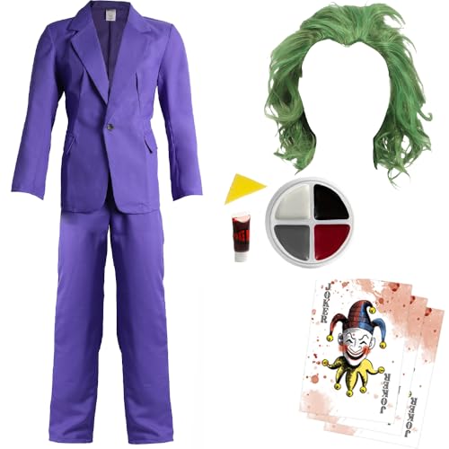 Scherzbösewicht Kostüm Set Lila Anzug Grün Perücke Gesichtsfarbe Kunstblut Joker Karten Halloween Cosplay Outfit für Erwachsene von I LOVE FANCY DRESS