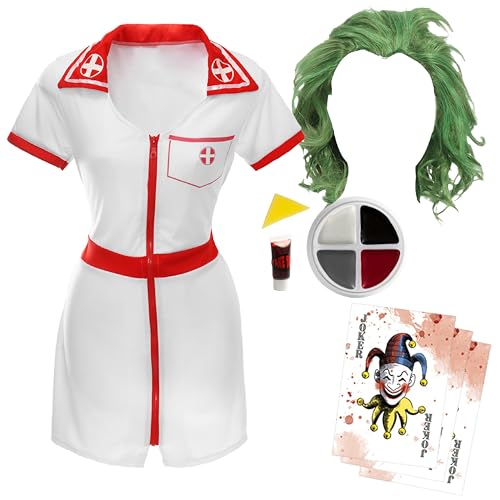 Scherzkrankenschwester Kostüm Set - Weißes & rotes Kleid, grüne Perücke, Gesichtsfarbe, Kunstblut & Joker-Karten - Bösewicht Verkleidung für Erwachsene Scherzkrankenschwester Kostüm Set - Weißes & rotes Kleid, grüne Perücke, Gesichtsfarbe, Kunstblut & Joker-Karten - Bösewicht Verkleidung für Erwachsene von I LOVE FANCY DRESS