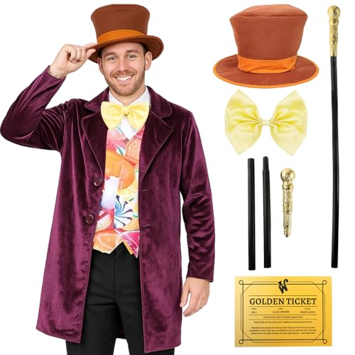 Schokoladenfabrik-Boss-Kostüm für Erwachsene, Größe M, violetter Mantel, Weste mit Süßigkeiten-Druck, brauner Zylinder, goldene Fliege und goldenes Ticket, Weltbuchtagskostüm Schokoladenfabrik-Boss-Kostüm für Erwachsene, Größe M, violetter Mantel, Weste mit Süßigkeiten-Druck, brauner Zylinder, goldene Fliege und goldenes Ticket, Weltbuchtagskostüm von I LOVE FANCY DRESS