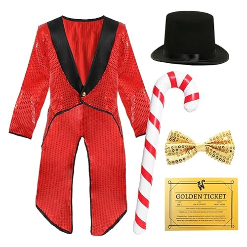 Schokoladenfabrik Boss Kostüm für Kinder, roter Paillettenfrack, schwarzer Zylinder, goldenes Ticket, goldene Fliege, Zuckerstange, Kinderwelttag der Buchwoche, Verkleidung – 7/9 Jahre von I LOVE FANCY DRESS