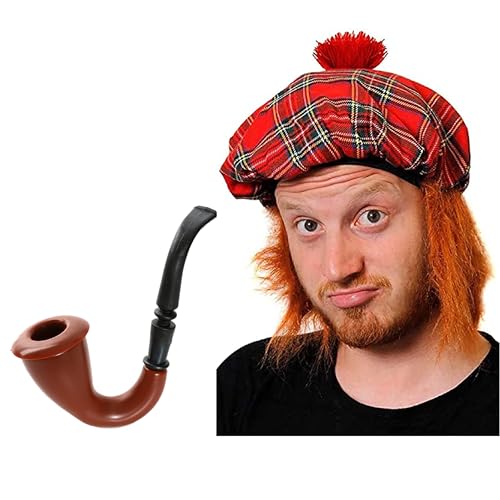 Schottisches Kostümzubehör-Set für Erwachsene – roter Tartan-Tam-O-Shanter Hut und falsche Pfeife – Erwachsene Schottland Burns Night Kostümzubehör Schottisches Kostümzubehör-Set für Erwachsene – roter Tartan-Tam-O-Shanter Hut und falsche Pfeife – Erwachsene Schottland Burns Night Kostümzubehör von I LOVE FANCY DRESS