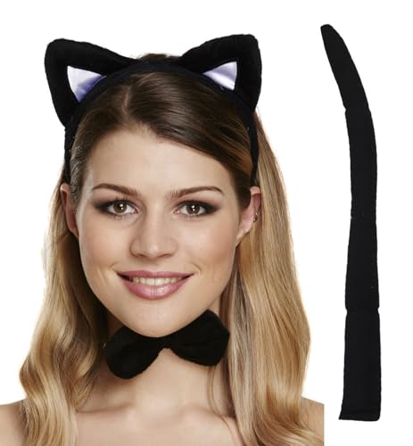 Schwarze Katze Kostüm Zubehör Set - Inklusive Haarreif mit Ohren, Fliege & Schwanz - Verkleidung Kit für Halloween Cosplay Junggesellinnenabschied & Tier Mottoparty von I LOVE FANCY DRESS