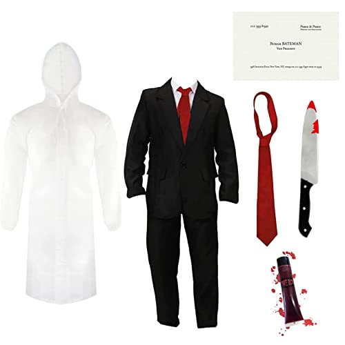 Schwarzer Anzug, transparenter Regenmantel, Krawatte, Kunstmesser, Visitenkarte und Kunstblut – Herren Psycho American TV Film Charakter Halloween Verkleidung Kostüm Schwarzer Anzug, transparenter Regenmantel, Krawatte, Kunstmesser, Visitenkarte und Kunstblut – Herren Psycho American TV Film Charakter Halloween Verkleidung Kostüm von I LOVE FANCY DRESS