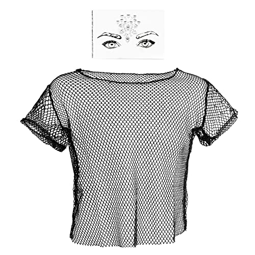 Schwarzes 80er-Jahre-Mesh-Top + silberfarbene Edelsteine – Größe XL – Kostümzubehör der 1980er Jahre Rave-Gesicht, T-Shirt, Fischnetz-Roller, Disco, 80er-Jahre-Clubbing Schwarzes 80er-Jahre-Mesh-Top + silberfarbene Edelsteine – Größe XL – Kostümzubehör der 1980er Jahre Rave-Gesicht, T-Shirt, Fischnetz-Roller, Disco, 80er-Jahre-Clubbing von I LOVE FANCY DRESS