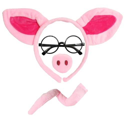 Schwein Kostüm Zubehör Set - Ohren Stirnband Schnauze lockiger Schwanz & runde Brille - Tierkostüm Kit für Partys, Buchtag & Kinderveranstaltungen von I LOVE FANCY DRESS