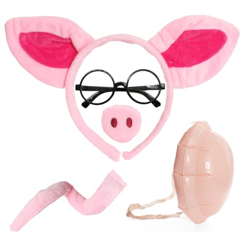 Schwein Verkleidung Kostüm Zubehör Set - Ohren Stirnband, Schnauze, Schwanz, Brille & aufblasbarer Bauch - Tier Outfit Kit für Buchtag & Partyspaß von I LOVE FANCY DRESS