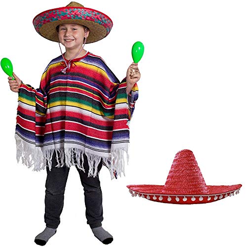 Schwerer mexikanischer Poncho und roter Sombrero für Kinder, mexikanischer Jungen, Poncho + großes rotes Sombrero Wild-West-Bandit für Kinder von I LOVE FANCY DRESS