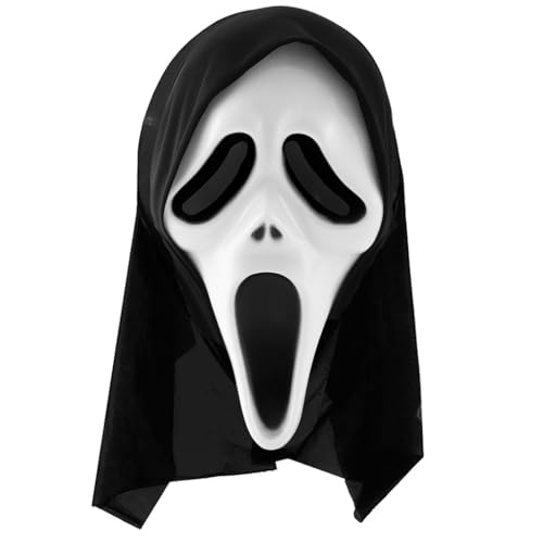 Screamer Halloween Maske für Kinder - Weißes Geistergesicht mit schwarzer Kapuze - Gruseliges Horror Kostüm Zubehör für gruselige Verkleidungen, Spukhäuser, Cosplay & Motto-Partys von I LOVE FANCY DRESS