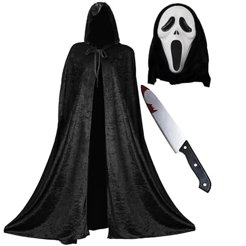 Screamer-Kostüm-Set für Erwachsene, langer schwarzer Velours-Umhang mit Kapuze, Screamer-Maske und Kunststoff-Messer-Requisite, perfekt für Halloween, Film und andere Kostüme Screamer-Kostüm-Set für Erwachsene, langer schwarzer Velours-Umhang mit Kapuze, Screamer-Maske und Kunststoff-Messer-Requisite, perfekt für Halloween, Film und andere Kostüme von I LOVE FANCY DRESS
