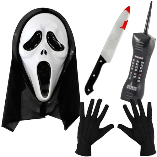 Screamer-Kostüm für Erwachsene – Kunststoff-Screamer-Maske, gefälschtes blutiges Messer, aufblasbares Telefon, schwarze Handschuhe – gruseliges Halloween-Kostüm für Herren und Damen Screamer-Kostüm für Erwachsene – Kunststoff-Screamer-Maske, gefälschtes blutiges Messer, aufblasbares Telefon, schwarze Handschuhe – gruseliges Halloween-Kostüm für Herren und Damen von I LOVE FANCY DRESS