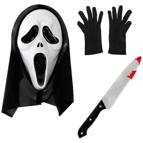 Screamer-Kostüm für Erwachsene – Kunststoff-Screamer-Maske, gefälschtes blutiges Messer, schwarze Handschuhe – für Herren und Damen, gruseliges Halloween-Kostüm für TV-Filme Screamer-Kostüm für Erwachsene – Kunststoff-Screamer-Maske, gefälschtes blutiges Messer, schwarze Handschuhe – für Herren und Damen, gruseliges Halloween-Kostüm für TV-Filme von I LOVE FANCY DRESS