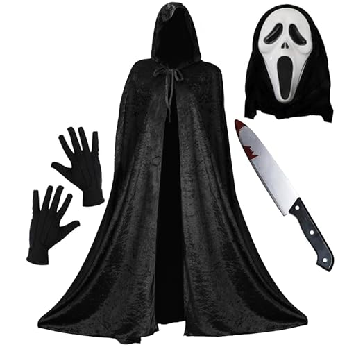 Screamer-Kostüm für Erwachsene – schwarzer Velours-Kapuzenumhang, Screamer-Maske, Kunstplastik, blutiges Messer, schwarze Handschuhe – für Herren und Damen, gruseliges Halloween-Kostüm Screamer-Kostüm für Erwachsene – schwarzer Velours-Kapuzenumhang, Screamer-Maske, Kunstplastik, blutiges Messer, schwarze Handschuhe – für Herren und Damen, gruseliges Halloween-Kostüm von I LOVE FANCY DRESS