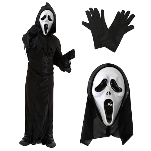 Screamer Kostüm für Kinder, Größe S, schwarzer Sensenmann, Kapuze Screamer Maske und schwarze Handschuhe, perfekt für Halloween, Filme und andere Verkleidungen von I LOVE FANCY DRESS