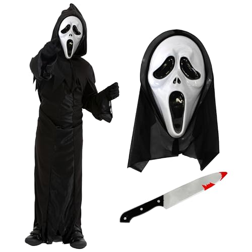 Screamer-Kostüm für Kinder, Größe XXL, schwarzer Kapuzenmantel mit Screamer-Maske und falschem Kunststoffmesser, Kinderkostüm für Halloween, TV-Film Screamer-Kostüm für Kinder, Größe XXL, schwarzer Kapuzenmantel mit Screamer-Maske und falschem Kunststoffmesser, Kinderkostüm für Halloween, TV-Film von I LOVE FANCY DRESS