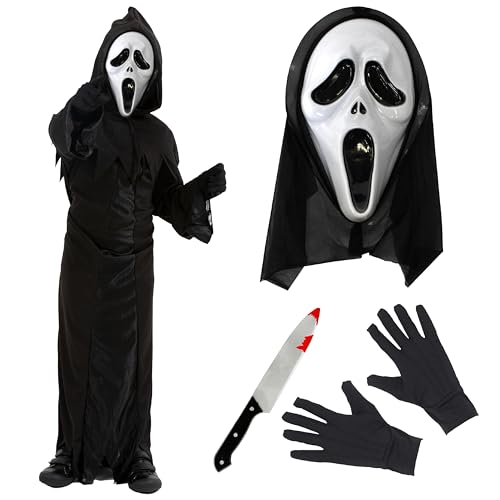Screamer Kostüm für Kinder, klein, schwarzer Sensenmann, mit Kapuze, Screamer-Maske, Kunststoff-Messer-Requisite und schwarze Handschuhe, perfekt für Halloween, Filme und andere Verkleidungen Screamer Kostüm für Kinder, klein, schwarzer Sensenmann, mit Kapuze, Screamer-Maske, Kunststoff-Messer-Requisite und schwarze Handschuhe, perfekt für Halloween, Filme und andere Verkleidungen von I LOVE FANCY DRESS