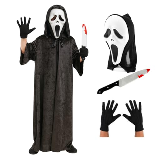 Screamer-Kostüm für Kinder, schwarzer Umhang, Handschuhe, blutige Maske und 30,5 cm langes gefälschtes Messer, Horror-Kostüm, Halloween-Outfit von I LOVE FANCY DRESS