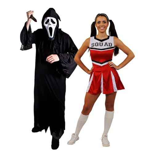 Screamer-Paar-Kostüm für Erwachsene, Größe XXL, schwarze Robe, Screamer-Maske, falsches Messer und kleines rotes Cheerleader-Kleid – für Erwachsene, Herren, Damen, Halloween, Süßes oder Saures Screamer-Paar-Kostüm für Erwachsene, Größe XXL, schwarze Robe, Screamer-Maske, falsches Messer und kleines rotes Cheerleader-Kleid – für Erwachsene, Herren, Damen, Halloween, Süßes oder Saures von I LOVE FANCY DRESS