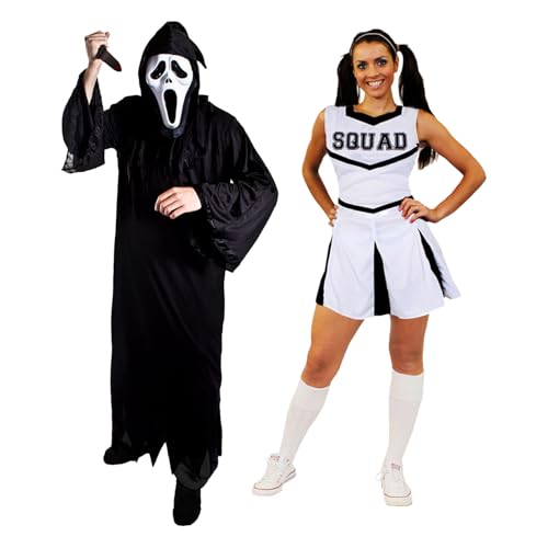 Screamer-Paar-Kostüm für Erwachsene – Größe XL, schwarzer Robe, Screamer-Maske, künstliches Messer und kleines weißes Cheerleader-Kleid – Erwachsenenkostüm für Herren und Damen Screamer-Paar-Kostüm für Erwachsene – Größe XL, schwarzer Robe, Screamer-Maske, künstliches Messer und kleines weißes Cheerleader-Kleid – Erwachsenenkostüm für Herren und Damen von I LOVE FANCY DRESS