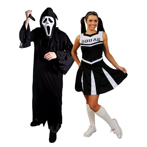 Screamer-Paar-Kostüm für Erwachsene – Größe XL, schwarzer Robe, Screamer-Maske, künstliches Messer und mittelgroßes schwarzes Cheerleader-Kleid – Erwachsenenkostüm für Herren und Damen Screamer-Paar-Kostüm für Erwachsene – Größe XL, schwarzer Robe, Screamer-Maske, künstliches Messer und mittelgroßes schwarzes Cheerleader-Kleid – Erwachsenenkostüm für Herren und Damen von I LOVE FANCY DRESS