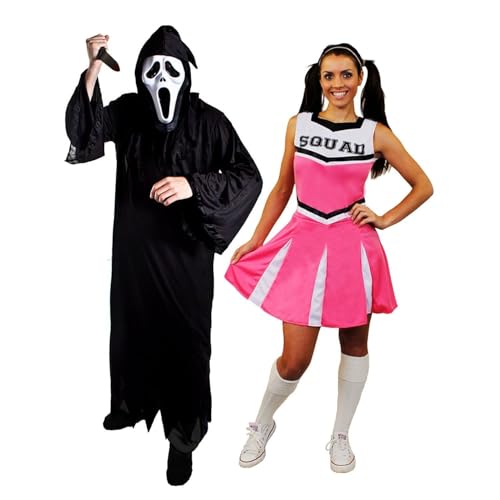 Screamer-Paar-Kostüm für Erwachsene – große schwarze Robe, Screamer-Maske, falsches Messer und kleines rosa Cheerleader-Kleid – Erwachsenenkostüm für Herren und Damen, Halloween-Kostüm von I LOVE FANCY DRESS