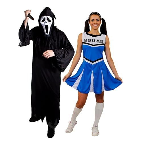 Screamer-Paar-Kostüm für Erwachsene – große schwarze Robe, Screamer-Maske, künstliches Messer und X-Small blaues Cheerleader-Kleid – Erwachsenenkostüm für Herren und Damen, Halloween-Kostüm für Süßes Screamer-Paar-Kostüm für Erwachsene – große schwarze Robe, Screamer-Maske, künstliches Messer und X-Small blaues Cheerleader-Kleid – Erwachsenenkostüm für Herren und Damen, Halloween-Kostüm für Süßes von I LOVE FANCY DRESS