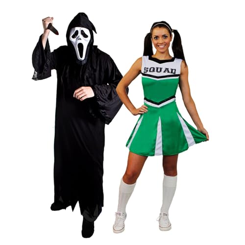 Screamer-Paar-Kostüm für Erwachsene – große schwarze Robe, Screamer-Maske, künstliches Messer und grünes Cheerleader-Kleid in XXL – Erwachsenenkostüm für Herren und Damen Screamer-Paar-Kostüm für Erwachsene – große schwarze Robe, Screamer-Maske, künstliches Messer und grünes Cheerleader-Kleid in XXL – Erwachsenenkostüm für Herren und Damen von I LOVE FANCY DRESS