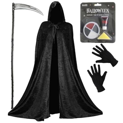 Sensenmann-Kostüm für Erwachsene, schwarzer Velours-Umhang mit Kapuze, baubarer Sense, schwarzen Handschuhen und Gesichtsbemalung, perfekt für Halloween-Kostüme von I LOVE FANCY DRESS