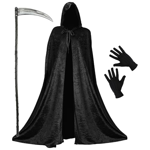 Sensenmann-Kostüm für Erwachsene – schwarzer Velours-Umhang mit angenähter Kapuze, einer 5-teiligen baubaren Sense und einem Paar schwarzen Handschuhen – perfekt für Halloween-Kostüme von I LOVE FANCY DRESS