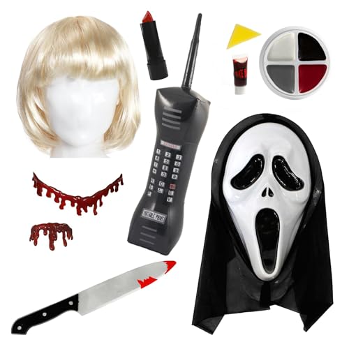 Serienmörder & Casey Kostüm Set - Screamer Maske, Messer, Perücke, Telefon, Blut Zubehör, Make-up & Lippenstift - Ideal für Halloween & Fasching von I LOVE FANCY DRESS