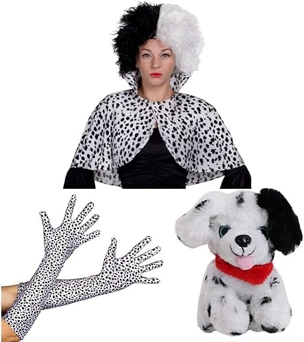 Set mit Dalmatiner-Kostüm, Hunde- und Lockenperücke für Erwachsene, mit Dalmatiner-Aufdruck, Umhang und schwarz-weiße Perücke, böse Hundedame, Weltbüchertag, Kostüm-Zubehör (Standardgröße) von I LOVE FANCY DRESS