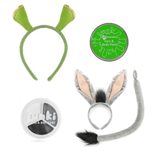 Set mit grünem Oger und Esel für Kinder, graue Ohren, Schwanz, Oger-Stirnband, grüne Gesichtsfarbe und grau-weiß-schwarze Gesichtsfarbe, lustiges Verkleidungszubehör-Set für Erwachsene, Cosplay Set mit grünem Oger und Esel für Kinder, graue Ohren, Schwanz, Oger-Stirnband, grüne Gesichtsfarbe und grau-weiß-schwarze Gesichtsfarbe, lustiges Verkleidungszubehör-Set für Erwachsene, Cosplay von I LOVE FANCY DRESS