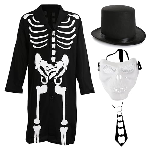 Skelett-Kostüm für Erwachsene, Größe XXL, Hut, Skelettmaske, Jacke mit Skelett-Druck und Krawatte mit Skelett-Druck, perfekt für Halloween-Events Skelett-Kostüm für Erwachsene, Größe XXL, Hut, Skelettmaske, Jacke mit Skelett-Druck und Krawatte mit Skelett-Druck, perfekt für Halloween-Events von I LOVE FANCY DRESS