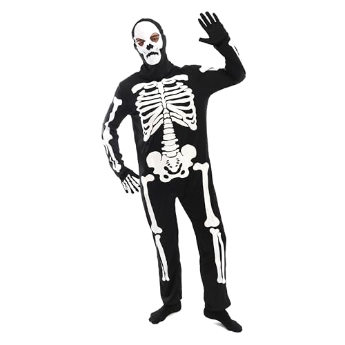 Skelett-Kostüm für Erwachsene, schwarzer Overall mit weißem Knochen-Druck, schwarze Maske mit Totenkopf-Druck, passende Handschuhe mit Knochenmuster, für Herren und Damen Skelett-Kostüm für Erwachsene, schwarzer Overall mit weißem Knochen-Druck, schwarze Maske mit Totenkopf-Druck, passende Handschuhe mit Knochenmuster, für Herren und Damen von I LOVE FANCY DRESS