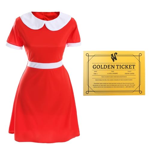 Spoilt Goldenes Ticketsieger-Kostüm für Damen, Größe 38-40, rotes Kleid mit weißem Kragen, goldenes Ticket – Erwachsenenkostüm für Damen, TV/Film, Weltbuchtag Spoilt Goldenes Ticketsieger-Kostüm für Damen, Größe 38-40, rotes Kleid mit weißem Kragen, goldenes Ticket – Erwachsenenkostüm für Damen, TV/Film, Weltbuchtag von I LOVE FANCY DRESS