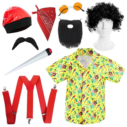 Stoner Comedy Duo Set für Erwachsene, klein, Afro-Perücke, Bandana, orangefarbene Hippie-Brille, Bart, gelbes Hawaii-Hemd, roter Hut, rote Hosenträger, Schnurrbart & Spliff – perfekt für Fasching Stoner Comedy Duo Set für Erwachsene, klein, Afro-Perücke, Bandana, orangefarbene Hippie-Brille, Bart, gelbes Hawaii-Hemd, roter Hut, rote Hosenträger, Schnurrbart & Spliff – perfekt für Fasching von I LOVE FANCY DRESS