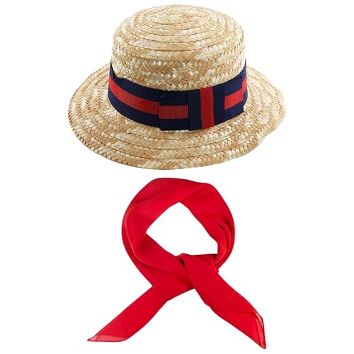 Strohhut und Schal, Vintage-Zubehör-Set, leichter Strohhut mit marineblauem und rot gestreiftem Band und einfarbigem rotem Bandana-Schal, perfekt für jede Kostümparty von I LOVE FANCY DRESS