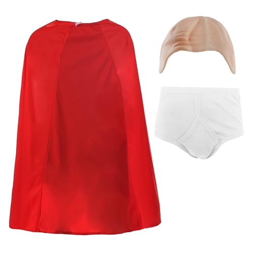 Superhelden-Kostüm für Kinder, Größe M, 6/8 Jahre, langer roter Umhang mit Klettverschluss, hautfarbene kahle Kappe und weiße Unterhose, Kinderbuchwoche, Weltbuchtag, Faschingskostüm von I LOVE FANCY DRESS