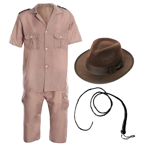Tempelforscher-Set für Erwachsene, beige Safari-Uniform, brauner Fedora und falsche Peitsche, für Herren Tempelforscher-Set für Erwachsene, beige Safari-Uniform, brauner Fedora und falsche Peitsche, für Herren von I LOVE FANCY DRESS