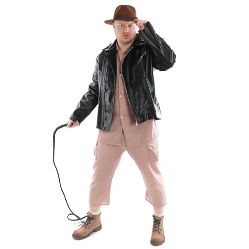 Tempelforscher-Set für Erwachsene, beige Safari-Uniform, schwarze Lederoptik, brauner Fedora und falsche Peitsche – Herren-Kostüm für TV/Film von I LOVE FANCY DRESS