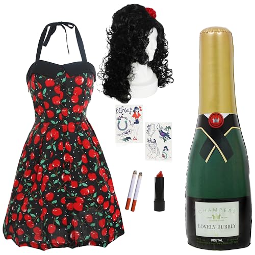 Ultimate Diva Fancy Dress Set - Large/Xlarge - Cherry Dress, Wig, Champagner Bottle, Lipstick, Cigarettes & Tattoos - 2000s Tribute Costume for Hen Parties & Events von I LOVE FANCY DRESS