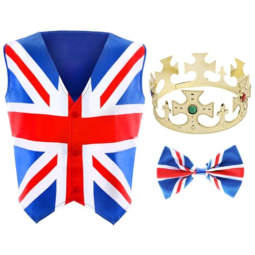 Union Jack Weste, Fliege und Krone – XX-Large – Weste mit Union Jack-Aufdruck, passende Fliege und goldene Königskrone – Königskrönung Street Party Kostüm von I LOVE FANCY DRESS