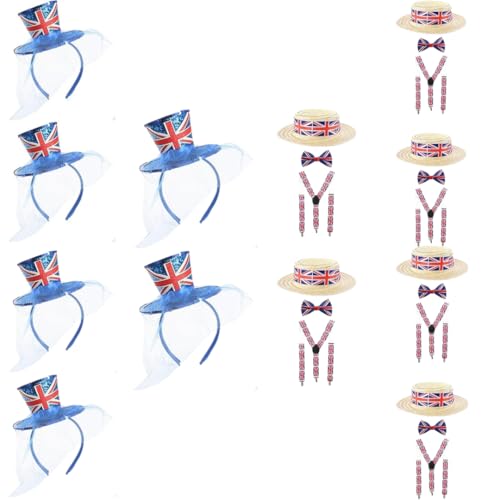 Union-Jack-Zubehör-Set – Hosenträger + Fliege, Bootsmütze & 6 Fascinator-Hüte – Verkleidung für Erwachsene – Königskrönung, VE-Tag, britische Straßenparty & Jubiläumskostüm Union-Jack-Zubehör-Set – Hosenträger + Fliege, Bootsmütze & 6 Fascinator-Hüte – Verkleidung für Erwachsene – Königskrönung, VE-Tag, britische Straßenparty & Jubiläumskostüm von I LOVE FANCY DRESS